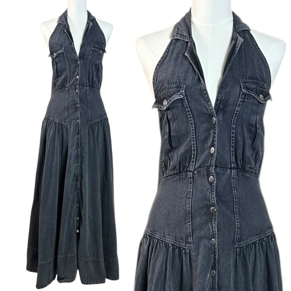 Free People Soundwave Denim Halter Maxi Dress in Black Size Small Bohemian - Picture 6 of 11